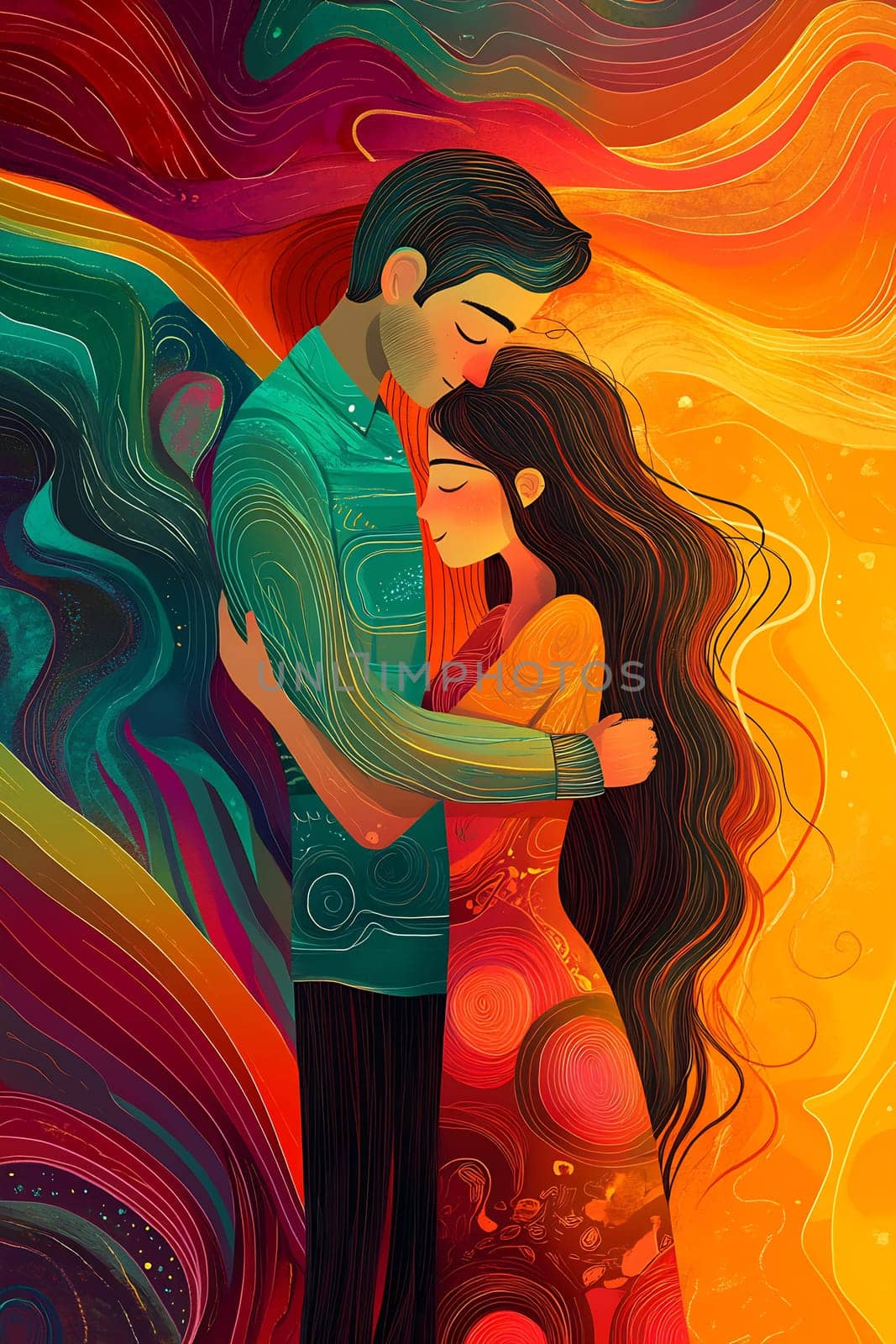 A couple shares a tender moment, embracing each other amidst a colorful, swirling background that evokes warmth and connection.