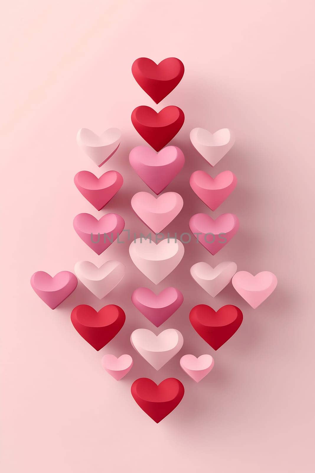 A variety of heart shapes in red, pink, and white are organized in a visually appealing pattern against a soft pink background.