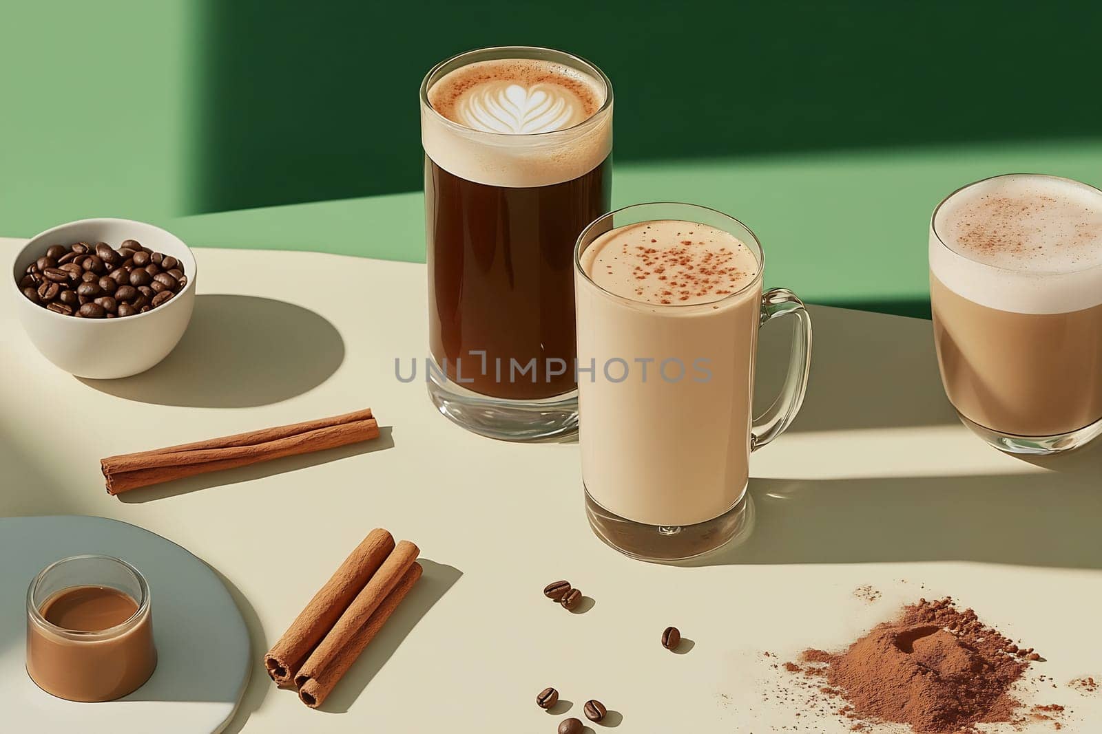 A variety of coffee beverages with spices and coffee beans are arranged on a light table, showcasing their rich colors and textures.
