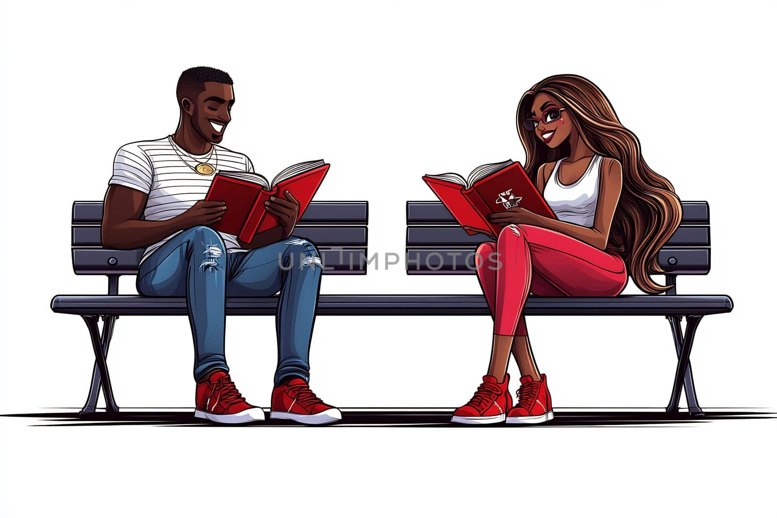 Two people sit on a bench in a park, engrossed in their books, enjoying a sunny day while sharing smiles and reading.