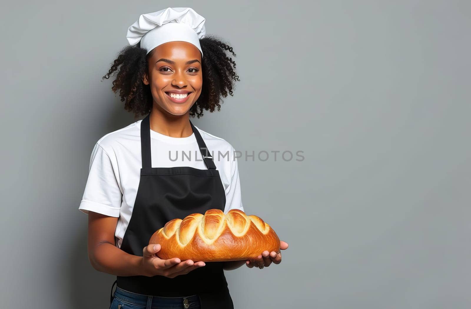 A young woman, wearing a chef hat and apron, smiles while holding a freshly baked loaf of bread in a well-lit kitchen. Her joyful expression reflects her passion for baking and culinary arts.