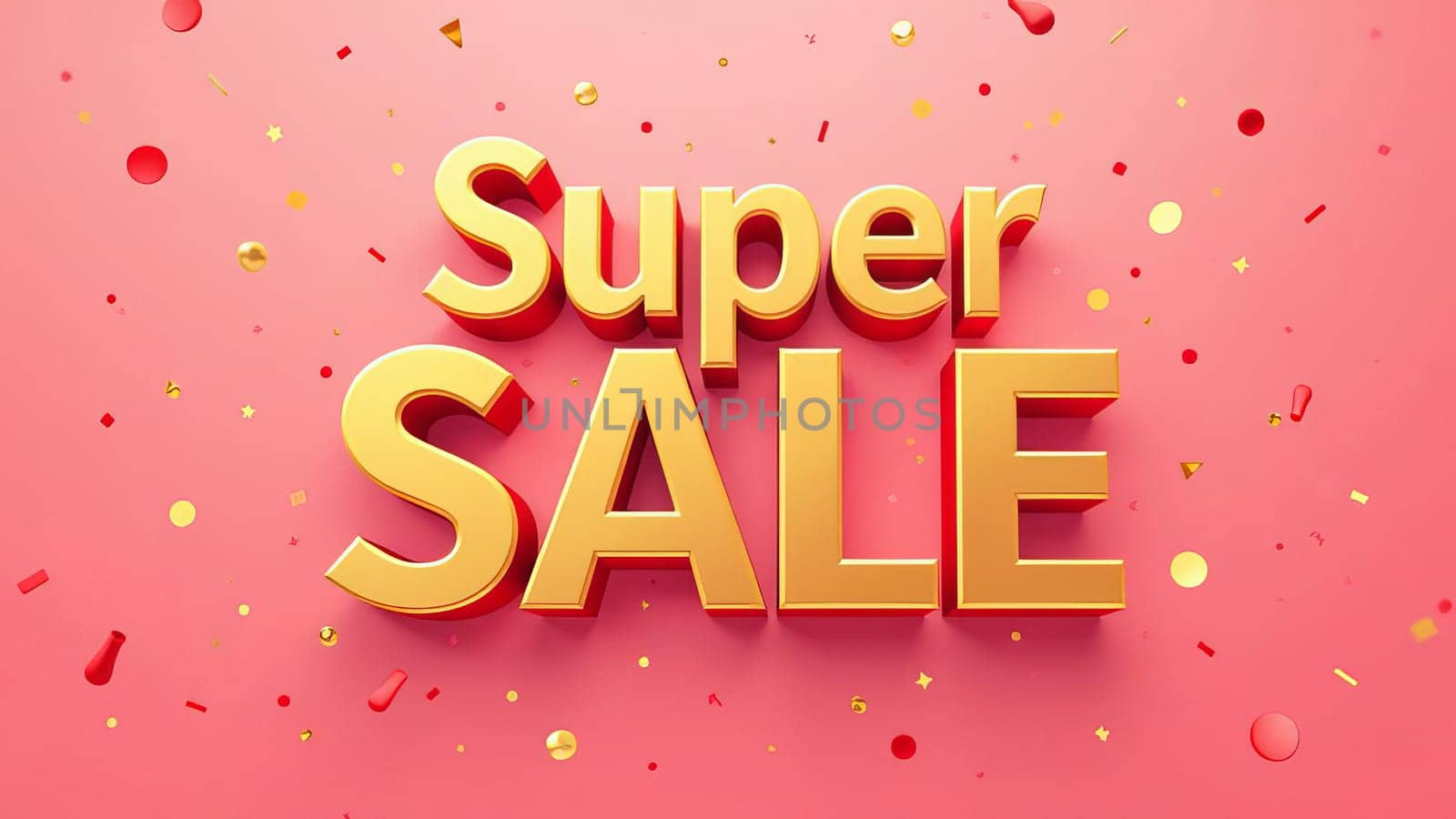 A bold, golden text reading Super Sale is displayed against a pink background. Colorful confetti surrounds the text, adding excitement to the promotional message for a festive shopping event.