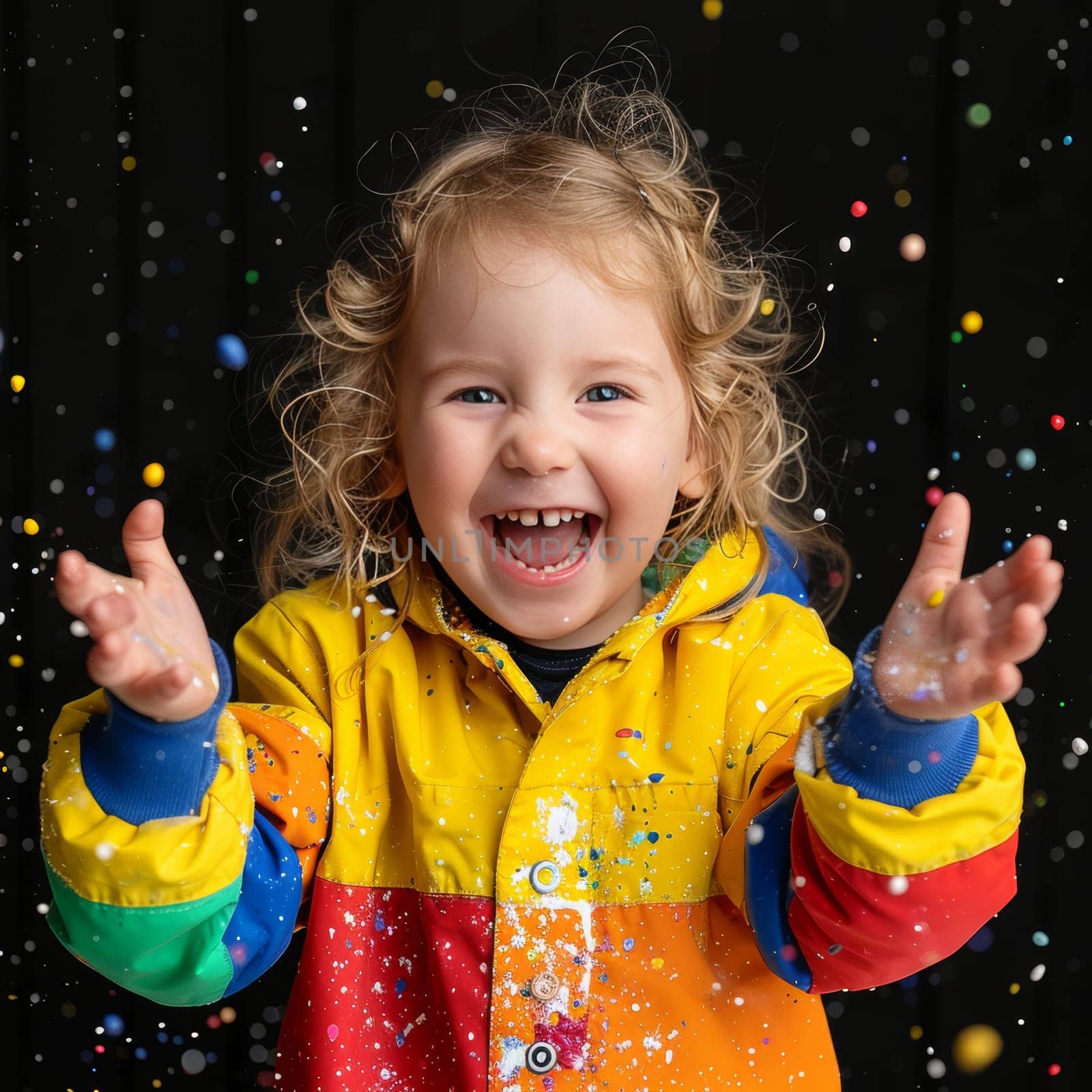 A happy young child with curly hair is joyfully throwing colorful confetti into the air while wearing a bright, multicolored jacket. The joyful expression reveals pure excitement in the moment.