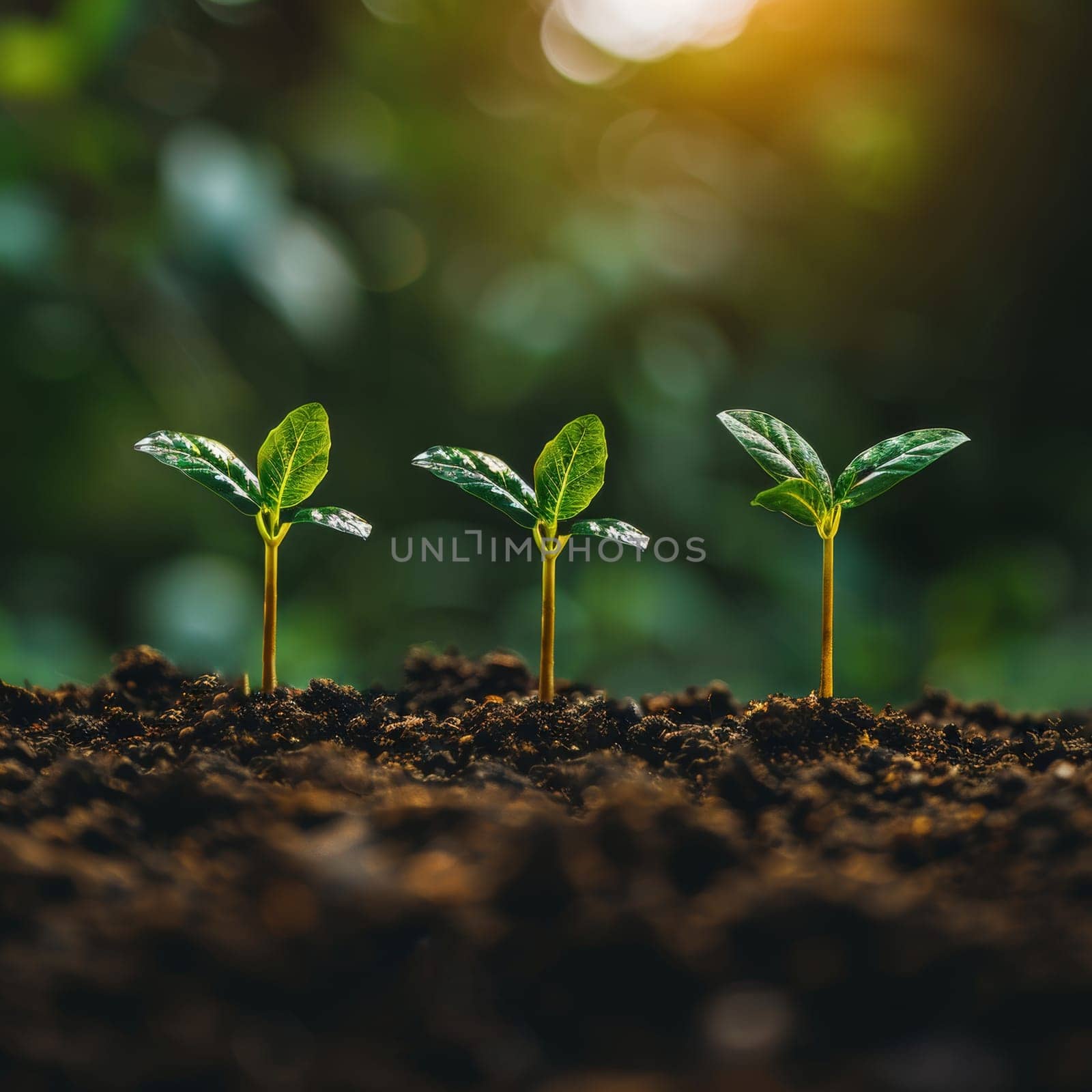 Small green seedlings emerge from dark, fertile soil, basking in the warm light of the golden hour. Copy space