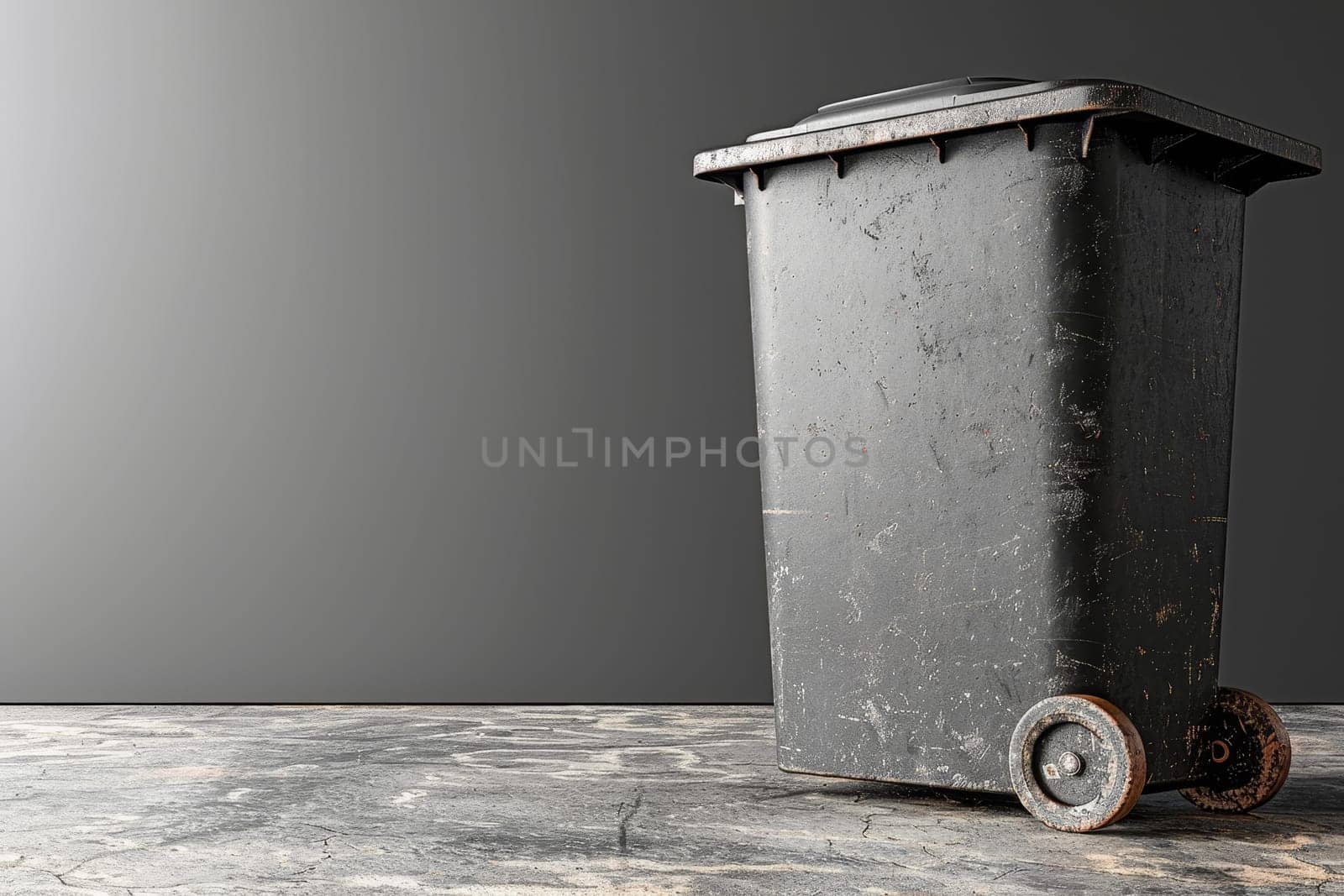 A standard black trash bin sits stationary on a worn concrete floor, with two wheels visible. The backdrop features a simple gray wall, emphasizing the bin's utilitarian design and setting. Copy space