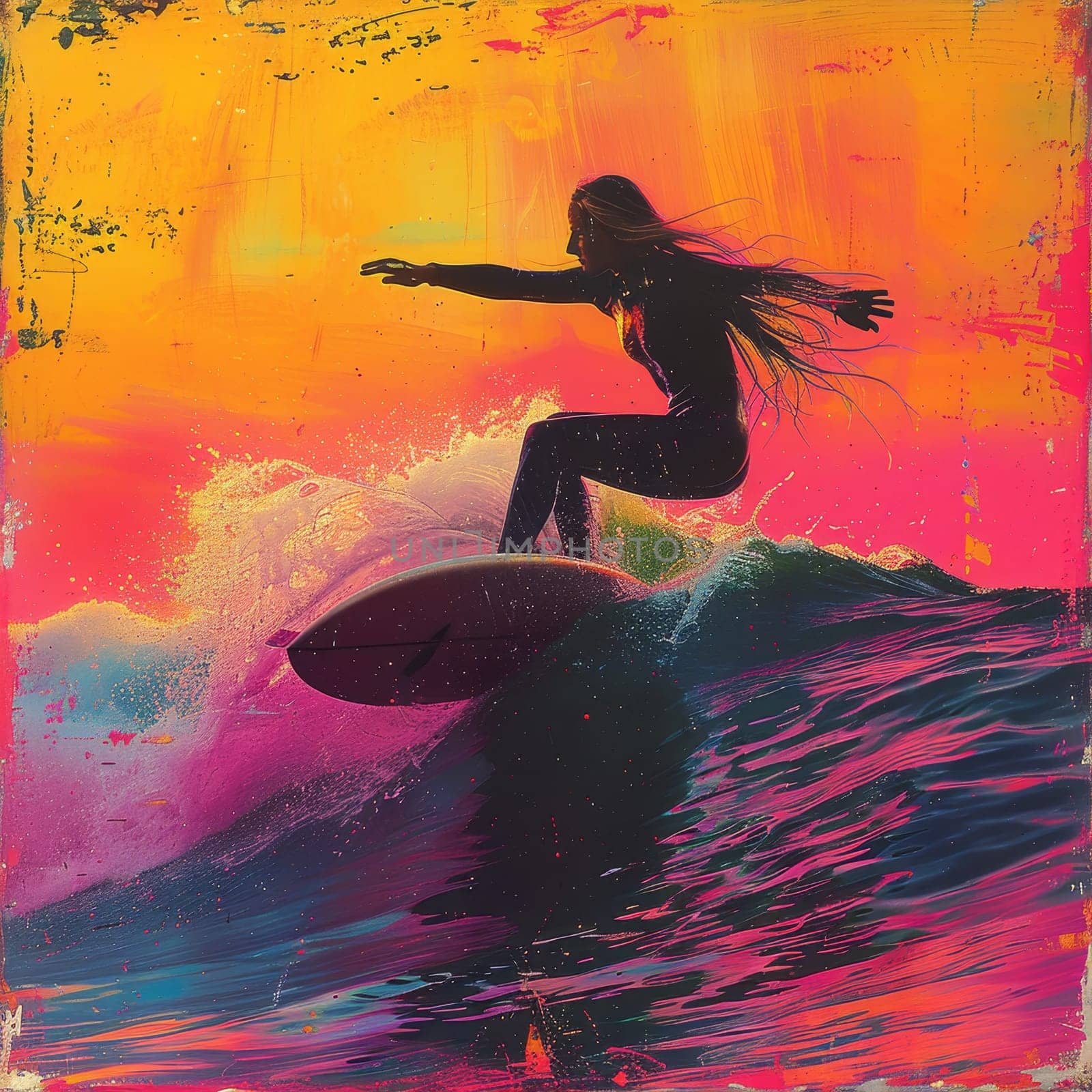 A surfer gracefully rides a large wave, silhouetted against a stunning sunset. The sky is filled with vibrant hues, creating a beautiful backdrop for the thrilling ocean activity.