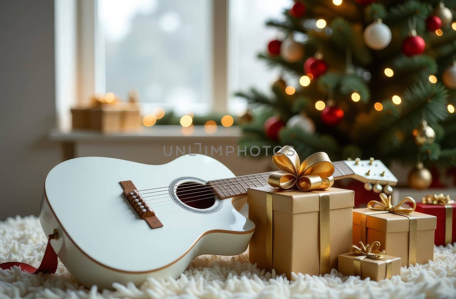 A white guitar rests beside elegantly wrapped presents in a warm corner by a Christmas tree. Soft light illuminates the room, creating a festive and inviting atmosphere for the holidays.