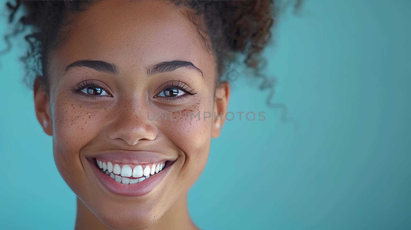 A young woman with curly hair and freckles beams with a joyful smile, highlighting her cheerful demeanor. The soft teal background adds a refreshing touch to her vibrant expression. Copy space