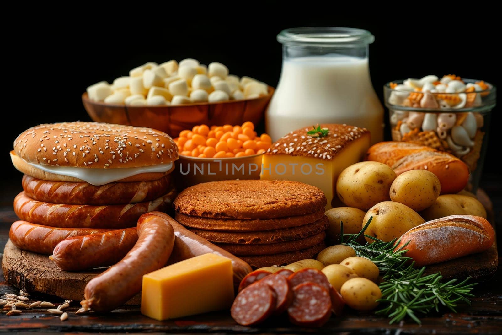 A variety of cheeses, sausages, and snacks are arranged on a rustic wooden table. The display includes golden potatoes, crackers, and a jar of milk, perfect for a hearty meal or gathering.