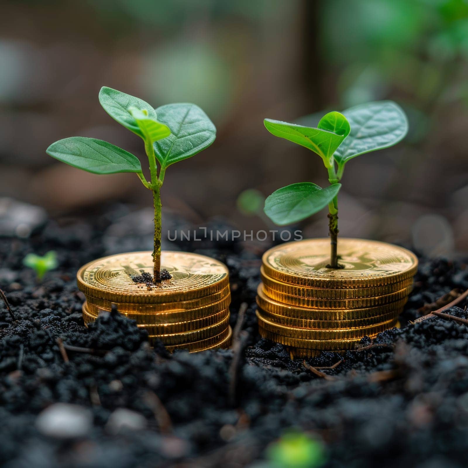 Green seedlings emerge from golden coins nestled in dark soil, representing the connection between nature and financial growth, symbolizing hope and sustainability in an enriching environment.