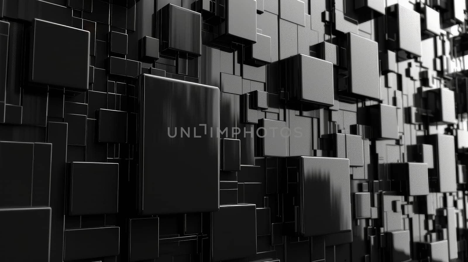 An intricate arrangement of black geometric shapes creates a striking visual effect, highlighting the interplay of shadows and light in a contemporary digital art piece.
