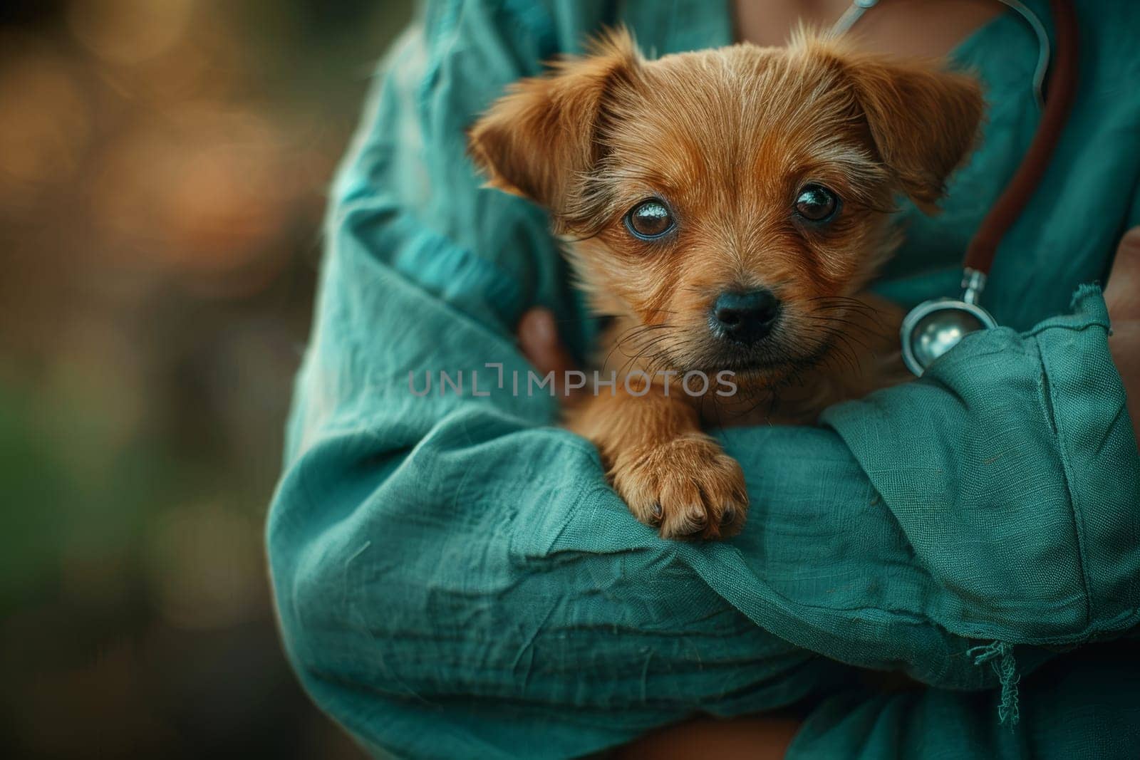 A small, fluffy dog is cradled in the arms of a person wearing a green shirt. The warm lighting creates a cozy atmosphere, emphasizing the bond between the pet and its owner.