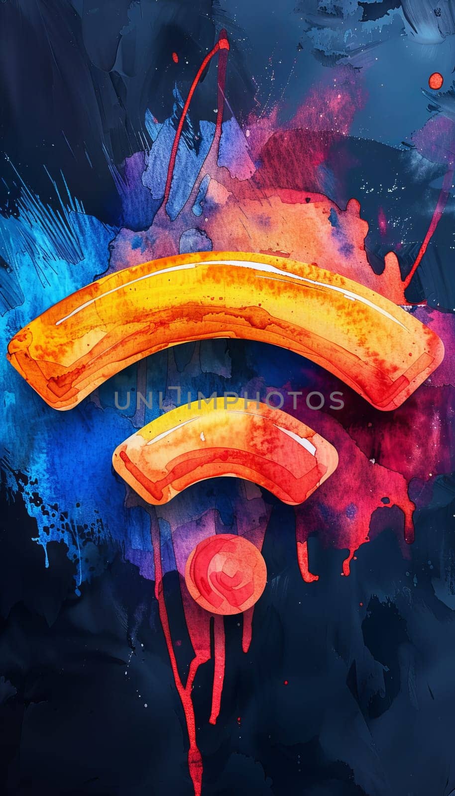 A vibrant abstract design showcases a large Wi-Fi symbol in orange hues, set against a splash of blue and purple watercolor backgrounds.