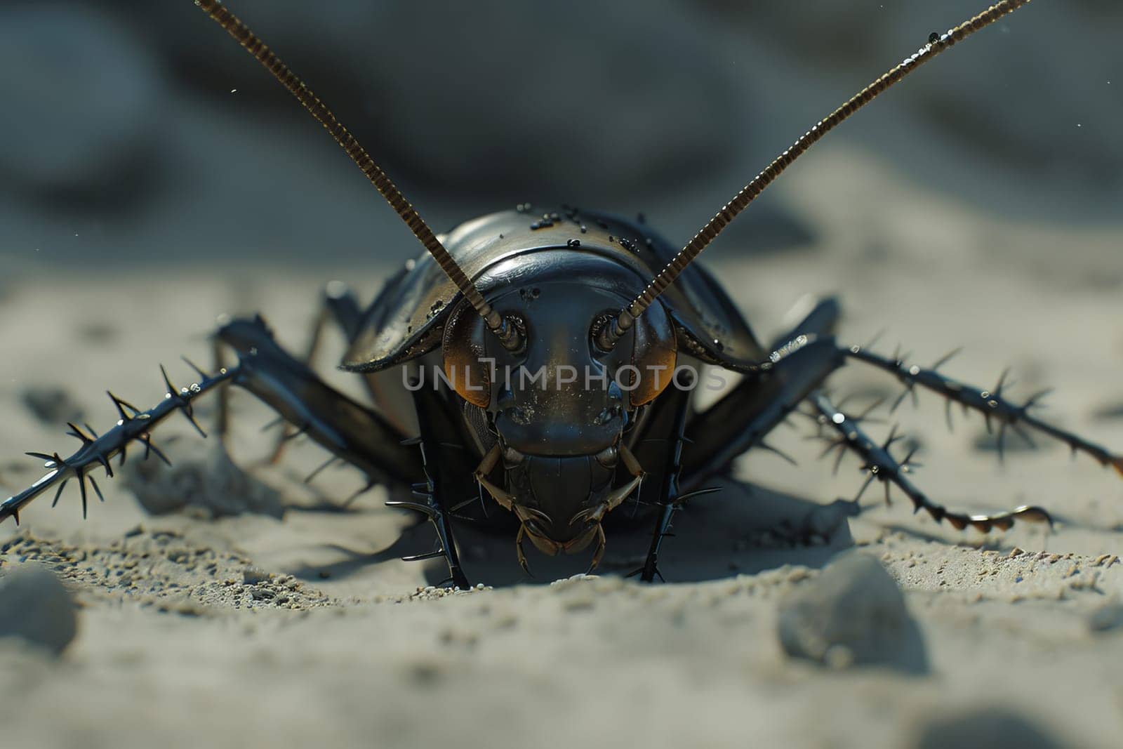 A detailed view captures a black cockroach with shiny body and long antennae moving across a sandy surface during the day, showcasing its unique features and texture against the earth.