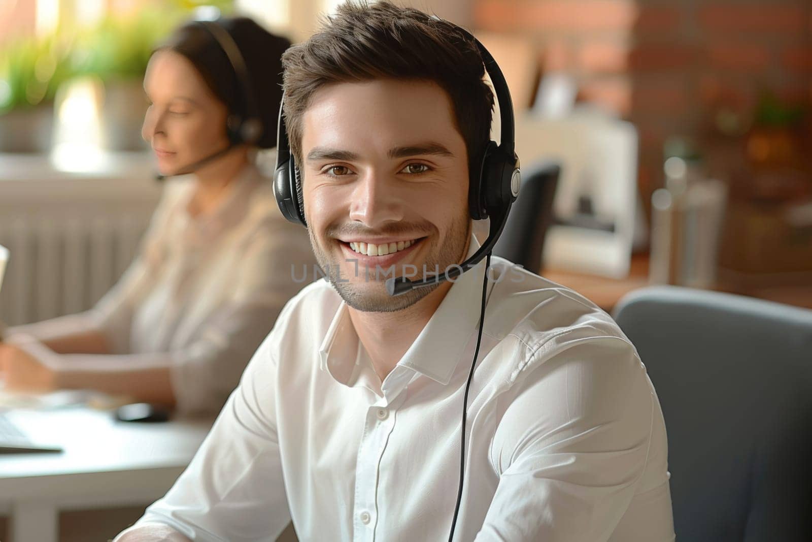 A cheerful customer support agent wearing a headset engages with clients while seated at a desk. Another agent works in the background, creating a productive and collaborative work environment.