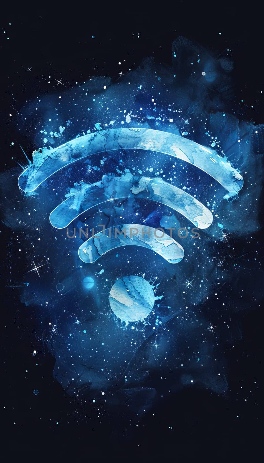 A vibrant, cosmic illustration features a Wi-Fi symbol carved from bright blue colors against a dark, star-filled background. The artwork blends elements of space with digital connectivity.