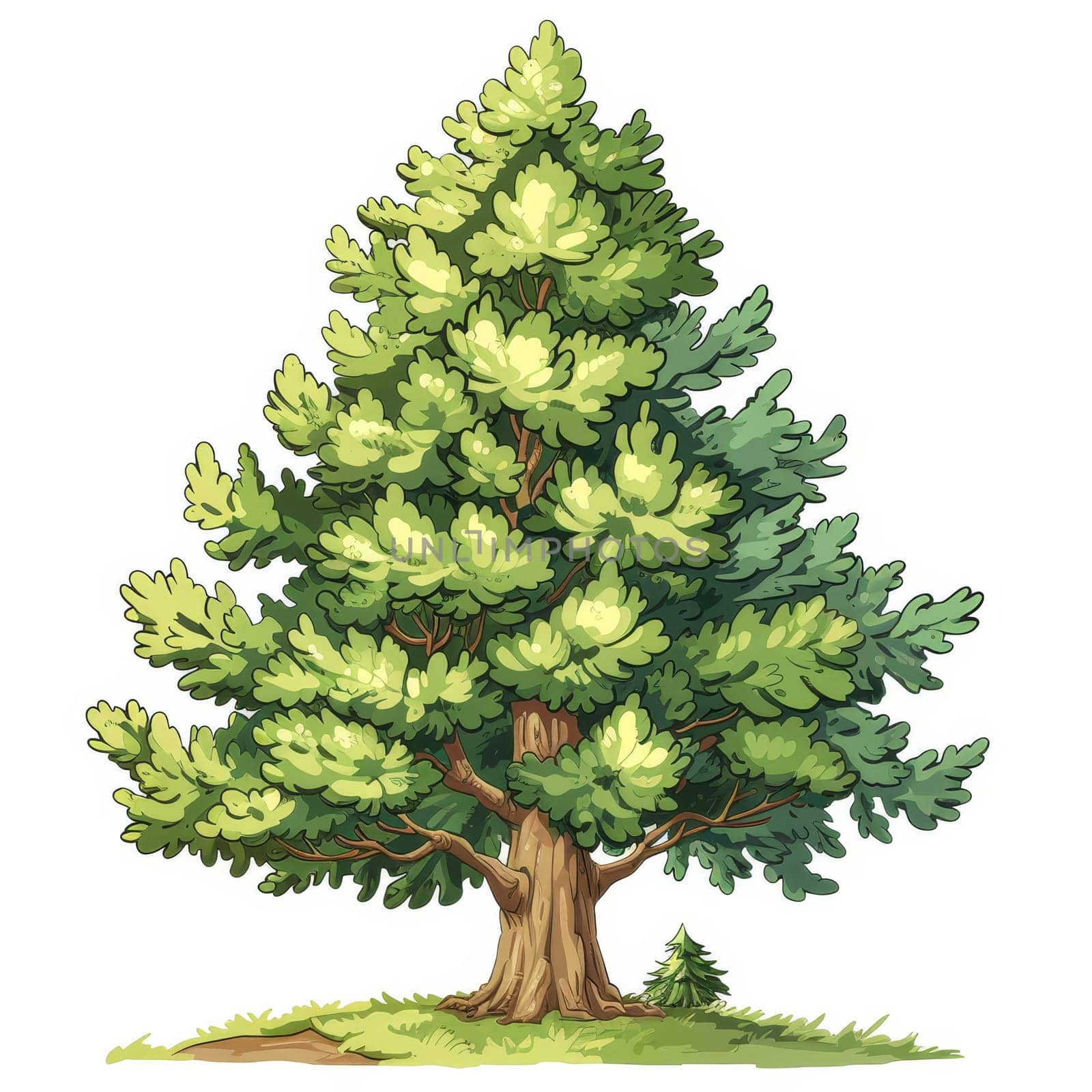 A vibrant evergreen tree stands proudly, showcasing its abundant, green foliage. The illustration is bright and inviting, capturing the natural beauty of this majestic plant in detail.