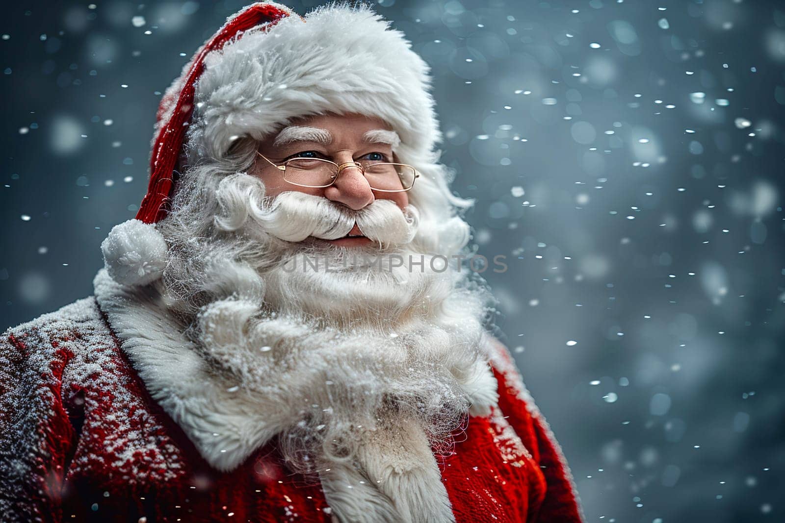 A cheerful man dressed as Santa Claus stands in a snowy landscape, surrounded by falling snowflakes. His bright red suit contrasts beautifully against the winter backdrop. Copy space