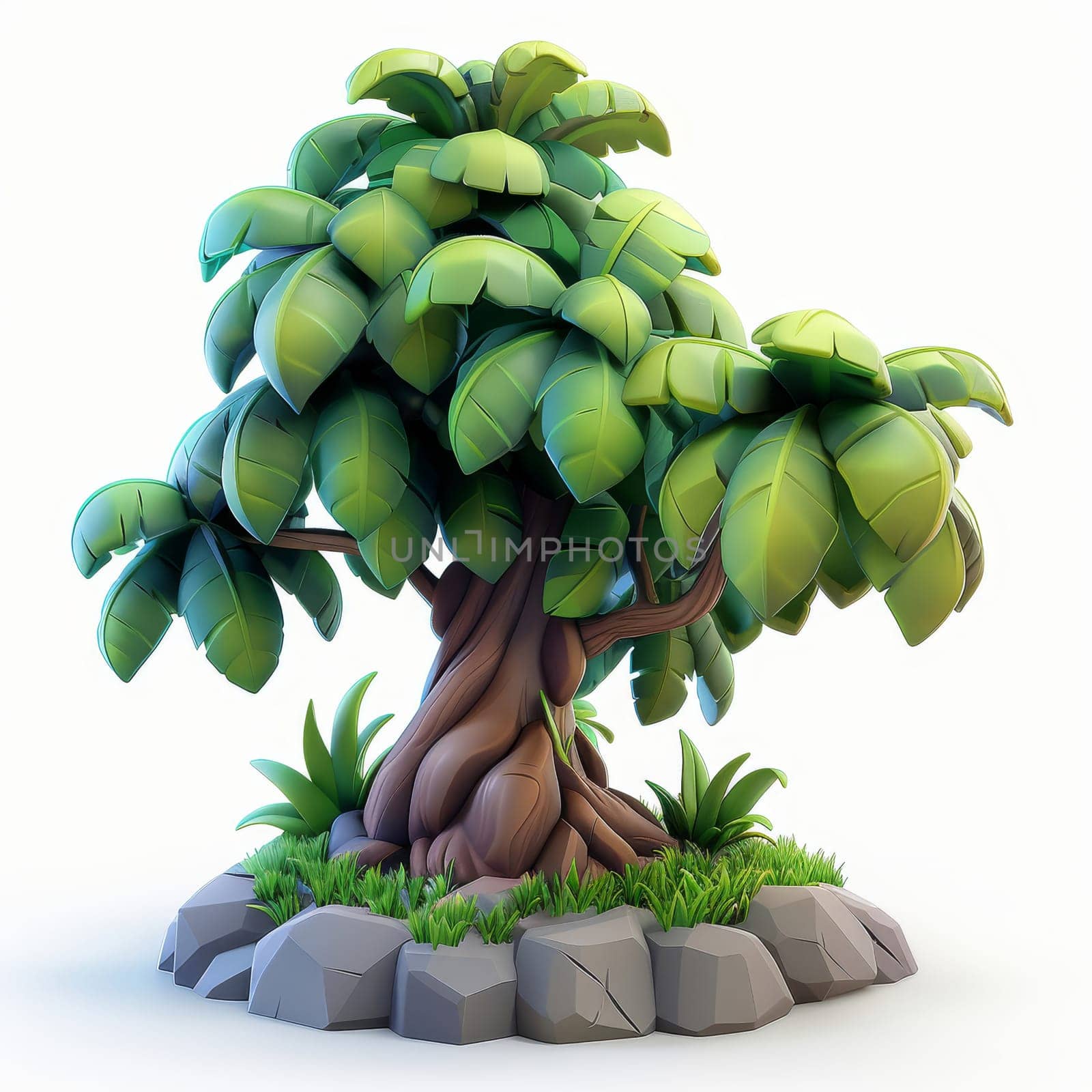 The tropical tree features broad, glossy leaves clustered atop a twisting trunk, surrounded by small rocks and patches of vibrant green grass, creating a lively, cartoon-like landscape.