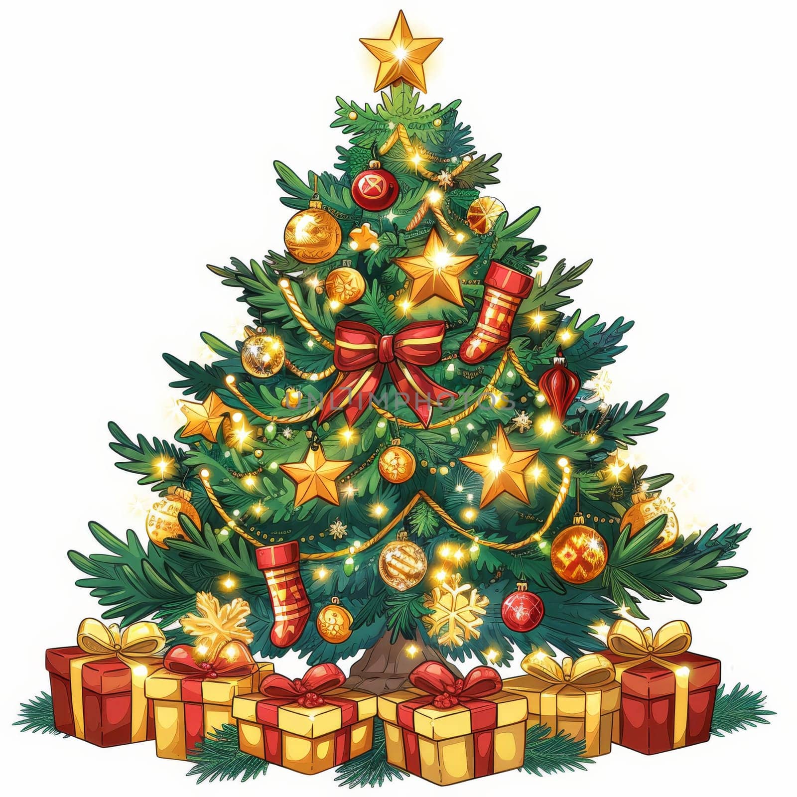The Christmas tree is lush and green, decorated with colorful ornaments, golden stars, and bright lights.