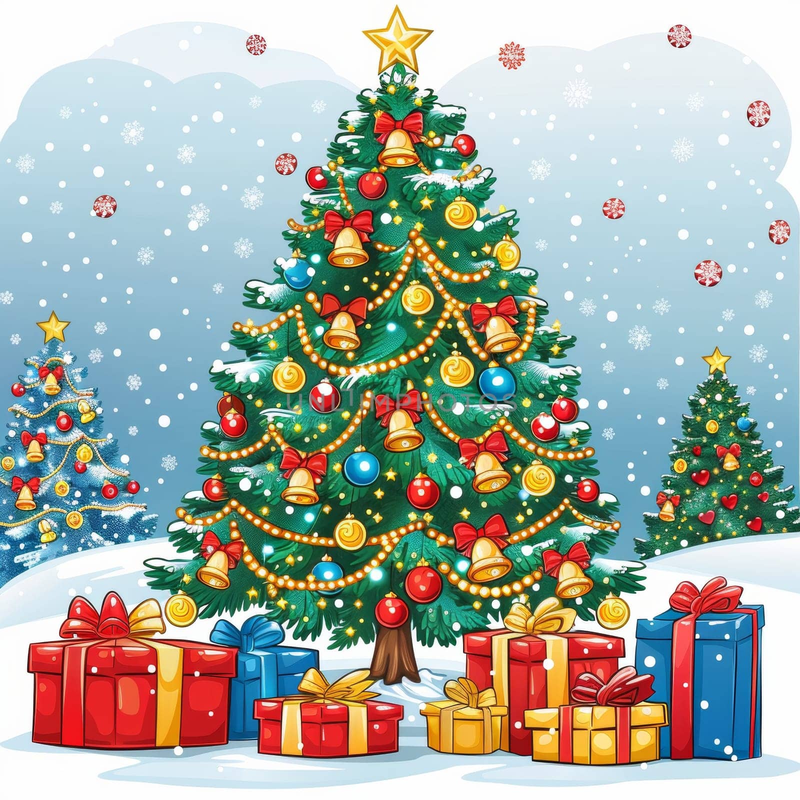 A vibrant Christmas tree decorated with colorful ornaments and lights stands amidst a snowy backdrop. Surrounding the tree are numerous beautifully wrapped presents, creating a festive atmosphere.