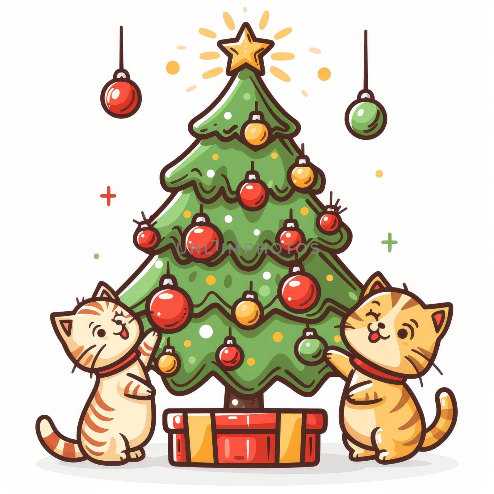 Two cute cats are joyfully decorating a Christmas tree with colorful ornaments and a star on top. Gifts are placed beneath the tree, enhancing the festive atmosphere.