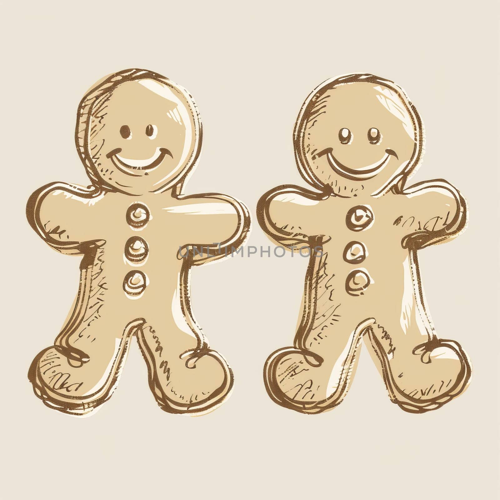 Two cheerful gingerbread figures are illustrated with buttons and smiling faces, creating a whimsical and festive atmosphere perfect for holiday celebrations and seasonal decorations.