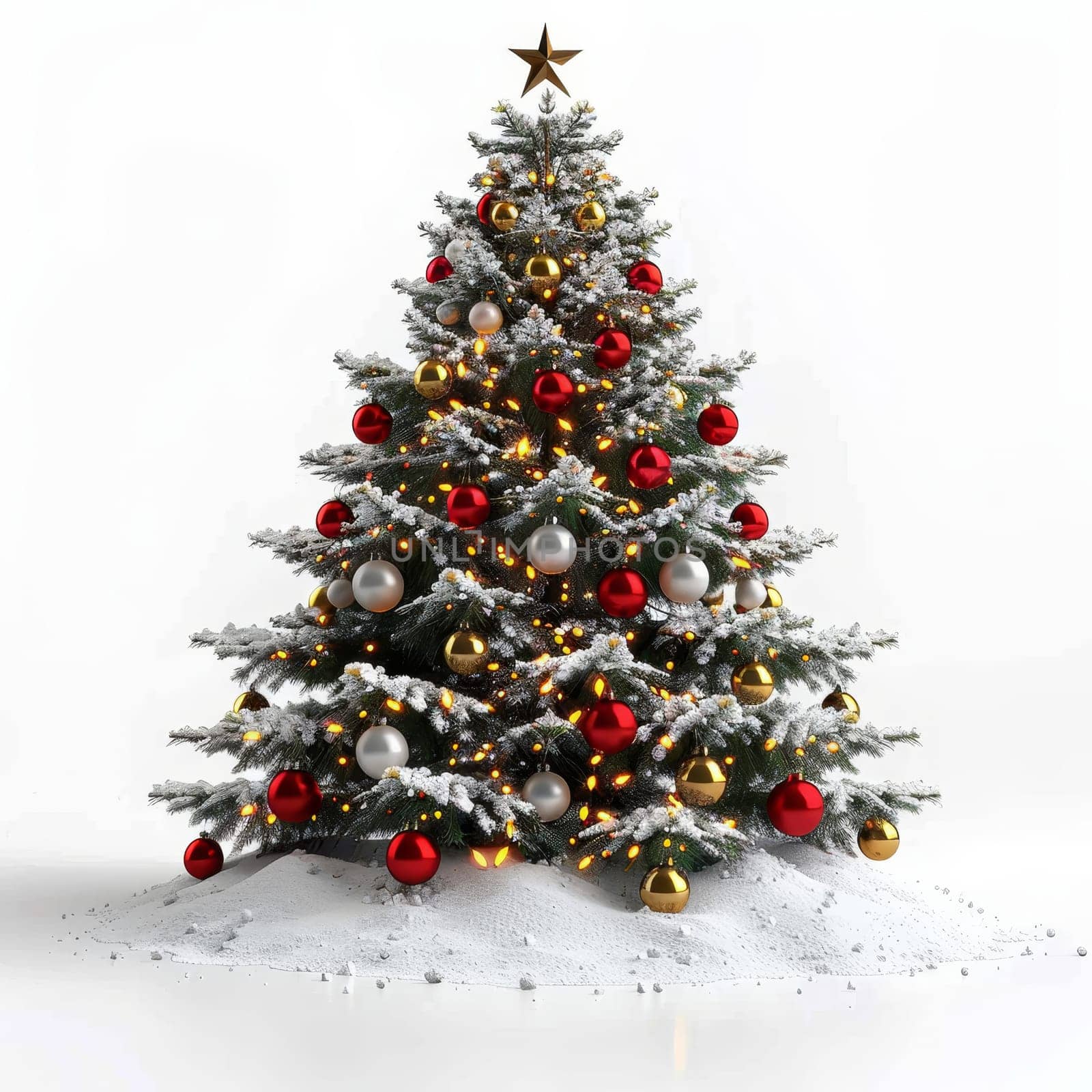 The Christmas tree stands elegantly, adorned with bright gold, red, and white ornaments. Sparkling lights illuminate the festive decorations, creating a warm holiday ambiance.