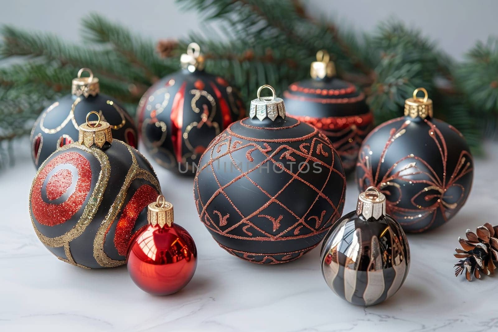 A collection of beautifully designed black and red Christmas ornaments is displayed on a marble surface. These ornaments showcase intricate patterns and shimmer, perfect for festive decorations.