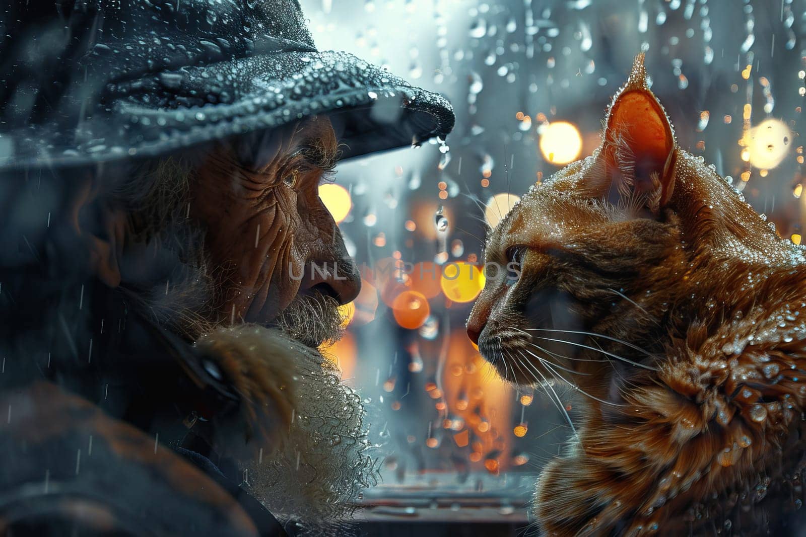 An elderly man gazes affectionately at his wet cat by the window during a rainy evening. Raindrops cling to the glass, creating a cozy atmosphere filled with warm, blurred lights outside.