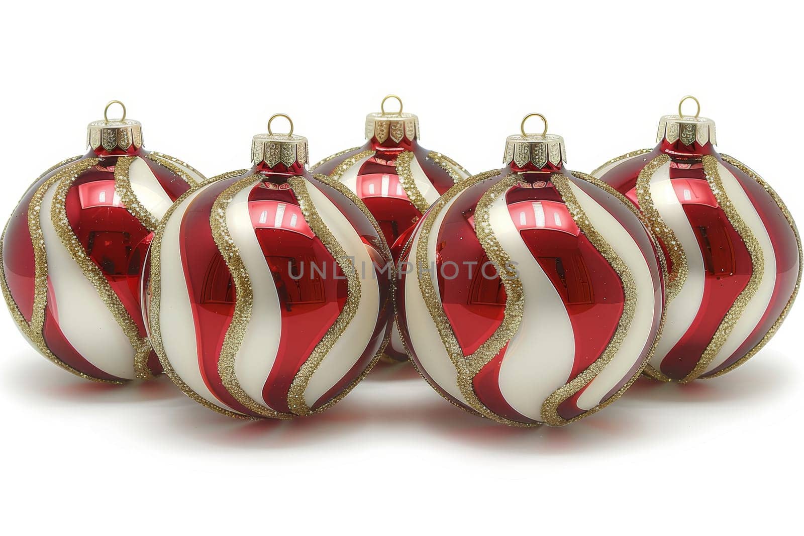 A collection of festive red and white Christmas ornaments featuring shiny and striped patterns. Perfect for holiday decoration, these elegant ornaments add charm to the seasonal festivities.