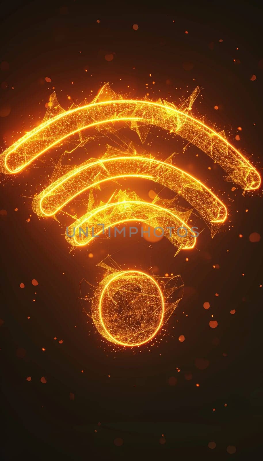 The bright orange wifi symbol shines vibrantly on a dark background, creating an eye-catching contrast. This digital design suggests connection and technology, ideal for modern themes.