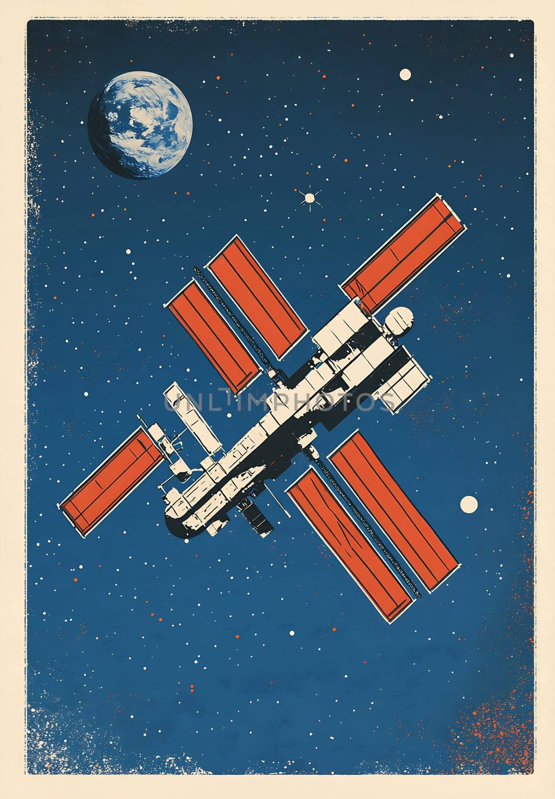 A space station floats above Earth, surrounded by stars and celestial bodies, showcasing the vastness of space and human achievement.