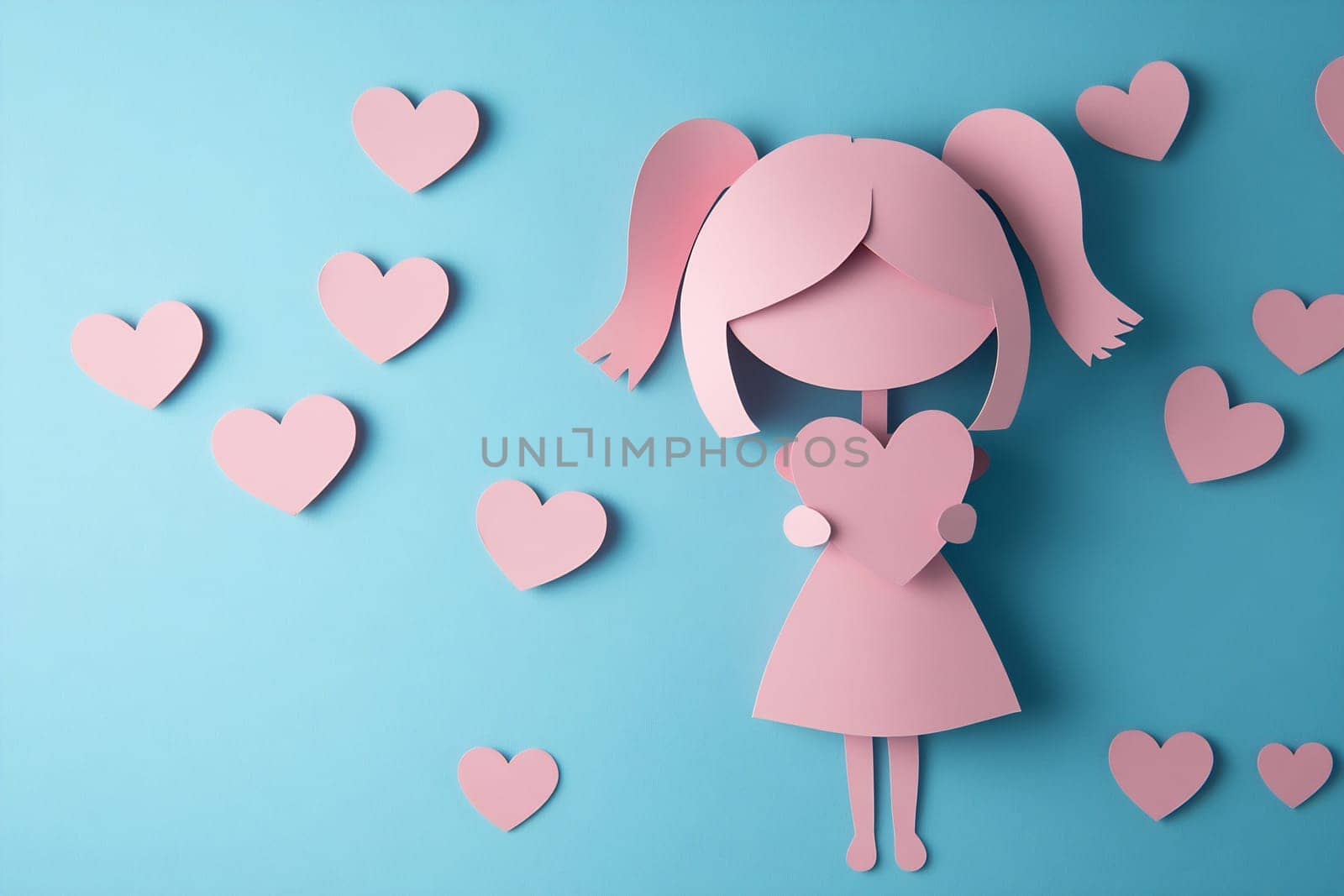 A girl made of paper holds a heart surrounded by pink hearts, set against a vibrant blue background, creating a playful atmosphere.