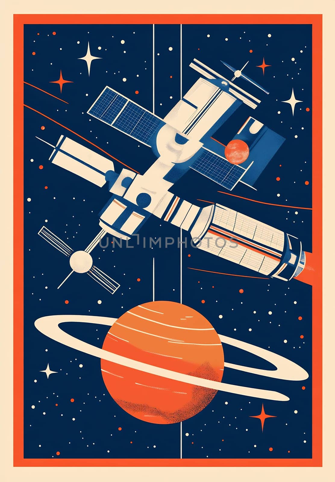 A detailed view of a futuristic space station orbiting a colorful planet with rings, surrounded by stars and a dark cosmic background.