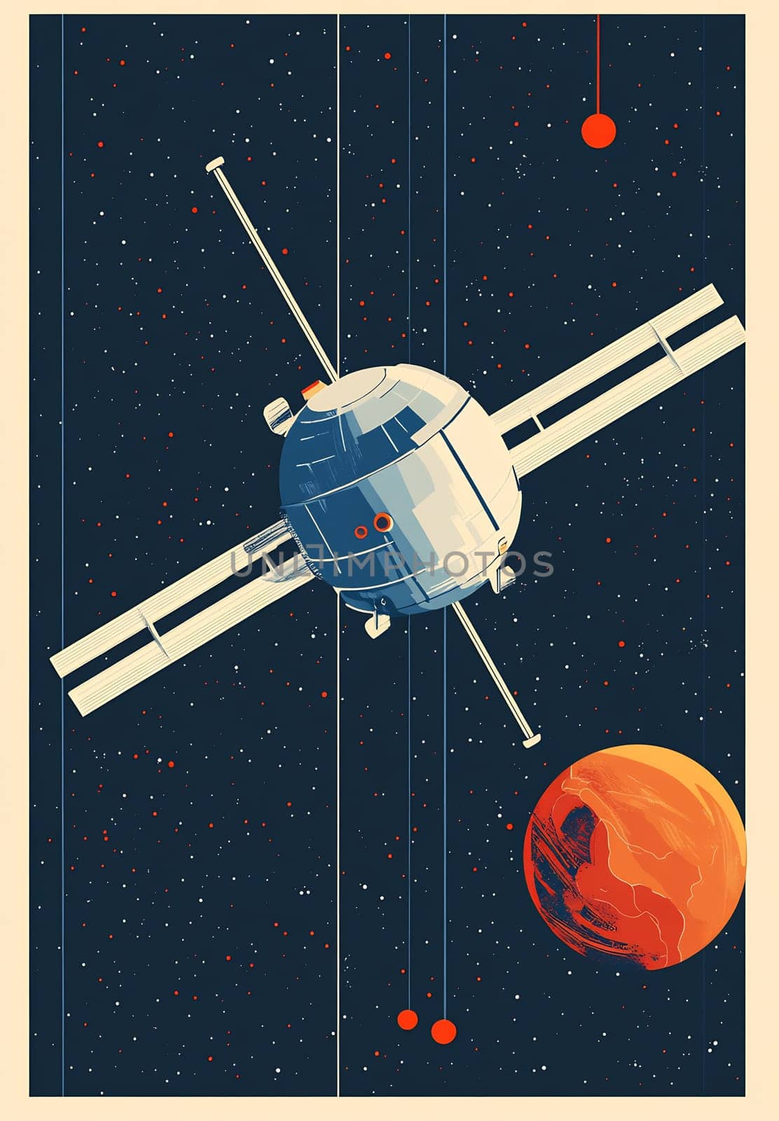 A futuristic satellite orbits in deep space, near a red planet, with stars twinkling in the black void of the universe.