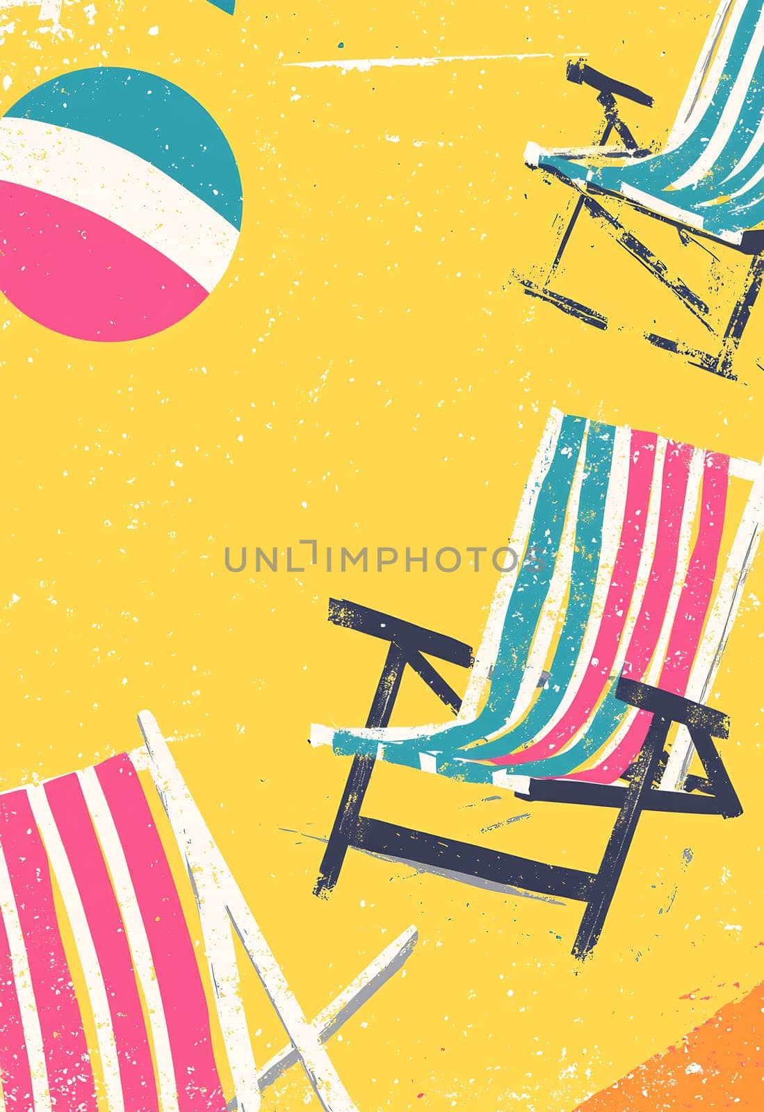 Colorful beach chairs and a striped ball are arranged on a sunny, yellow background, creating a vibrant summer vibe perfect for relaxation.