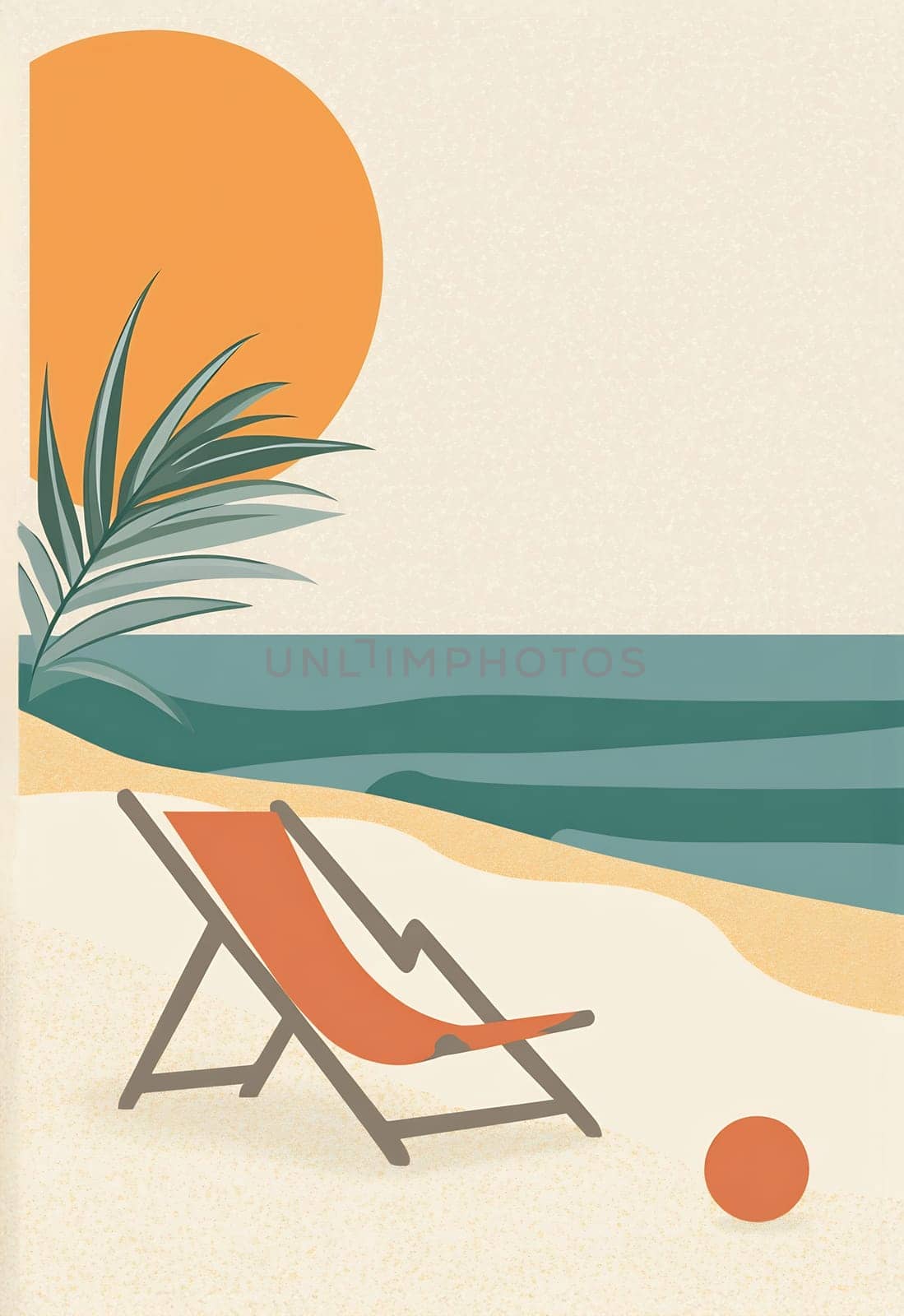 A tranquil beach with a lounge chair, palm leaf, and a sunset over gentle waves creates a serene atmosphere for relaxation.