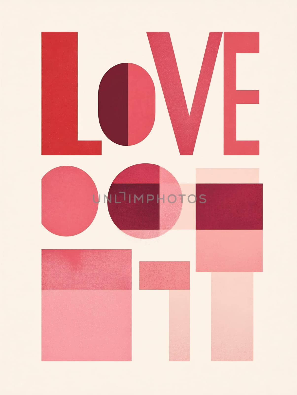 Bold geometric shapes blend together in shades of red and pink, forming the word love in a playful, modern design.