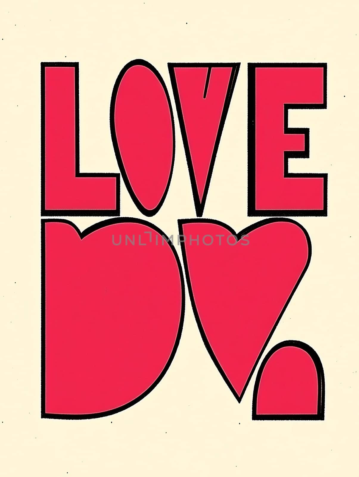 A vibrant design features the word love in bold red letters, surrounded by heart shapes against a soft background, expressing affection and warmth.