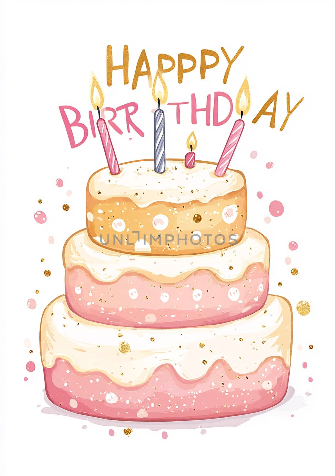 A three-tiered cake decorated with pastel colors and candles celebrates a birthday with joyful colors and festive design.
