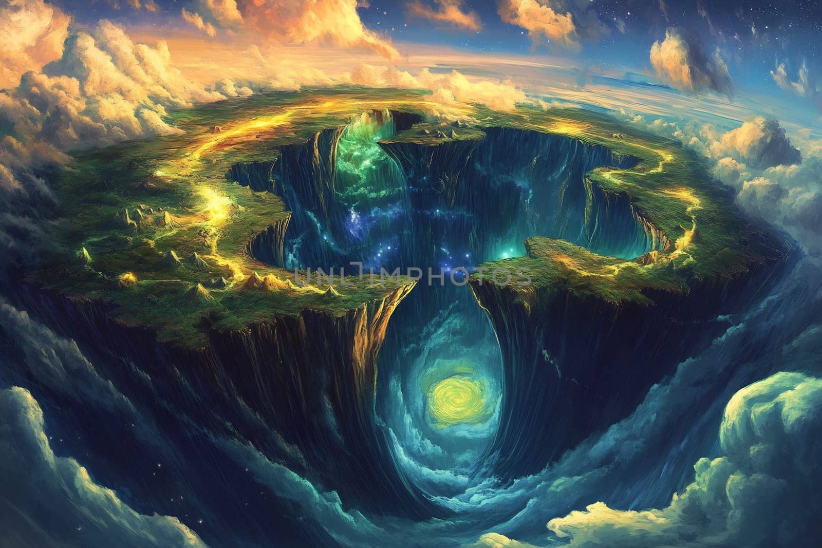 Floating islands adorned with lush vegetation and ethereal light hover above a vibrant, swirling atmosphere during twilight.