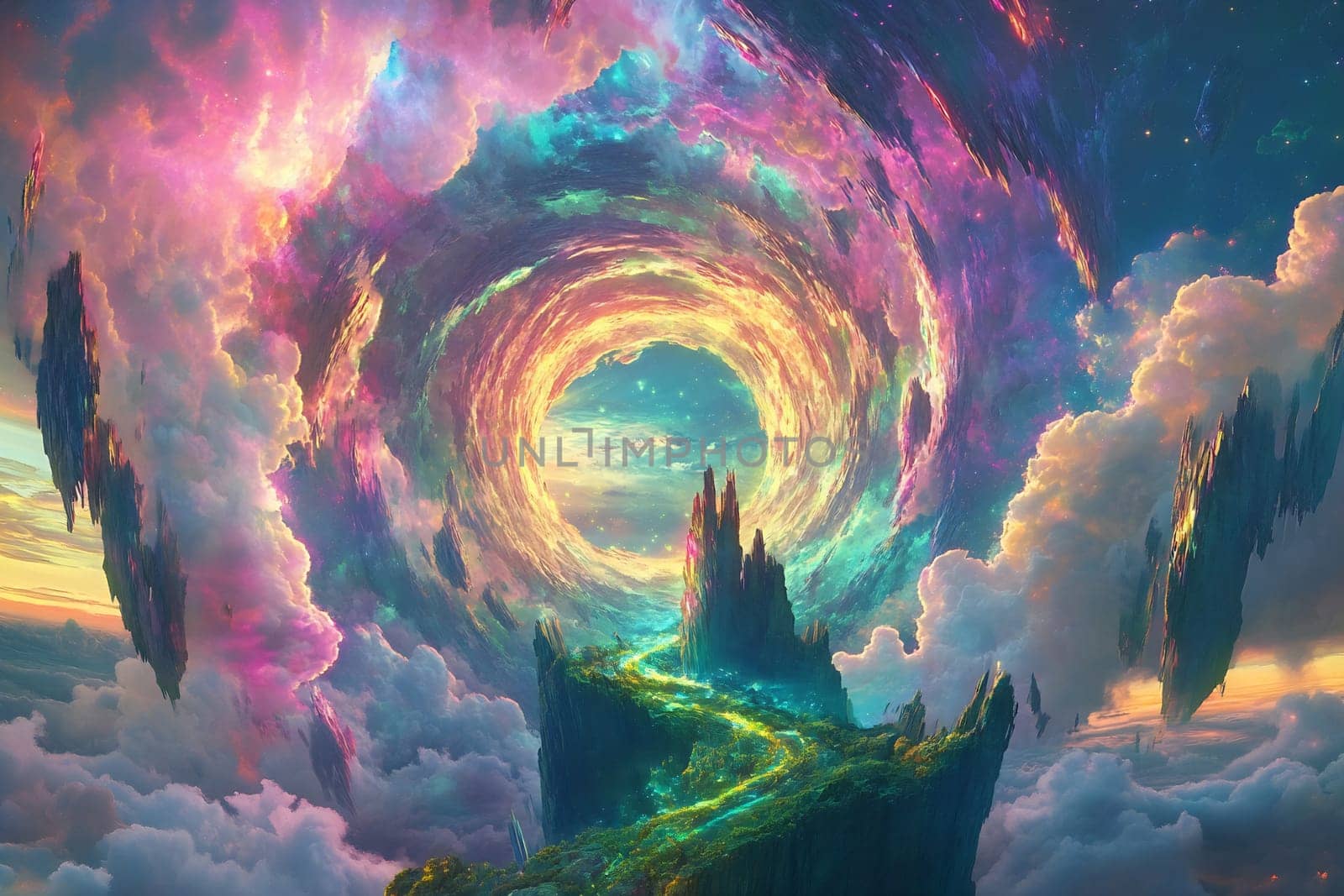 Vibrant celestial scene showcases a swirling vortex of colors above a rugged path leading toward distant mountains amidst fluffy clouds.