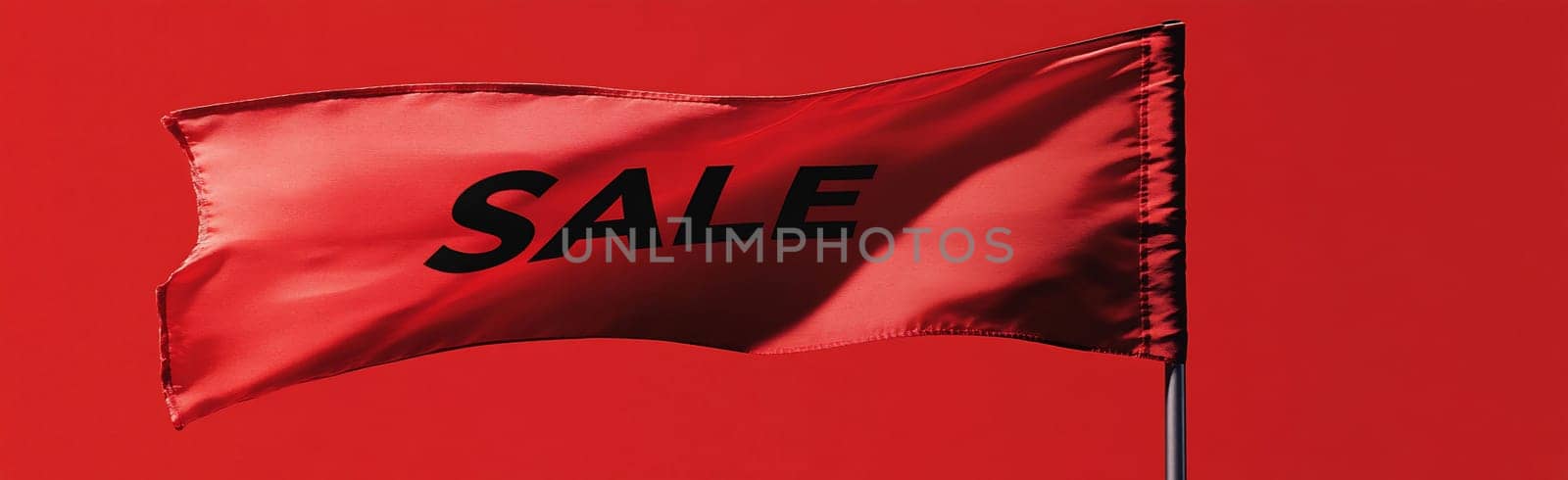 A bold red flag with the word sale printed in black flutters in the wind, attracting attention during a promotional event.