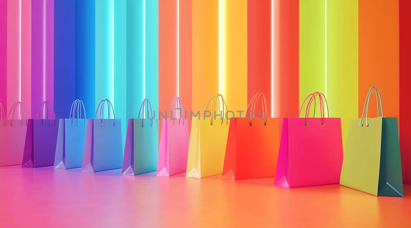 Multiple shopping bags of various colors are arranged in a row against a bright, neon background in a retail setting.