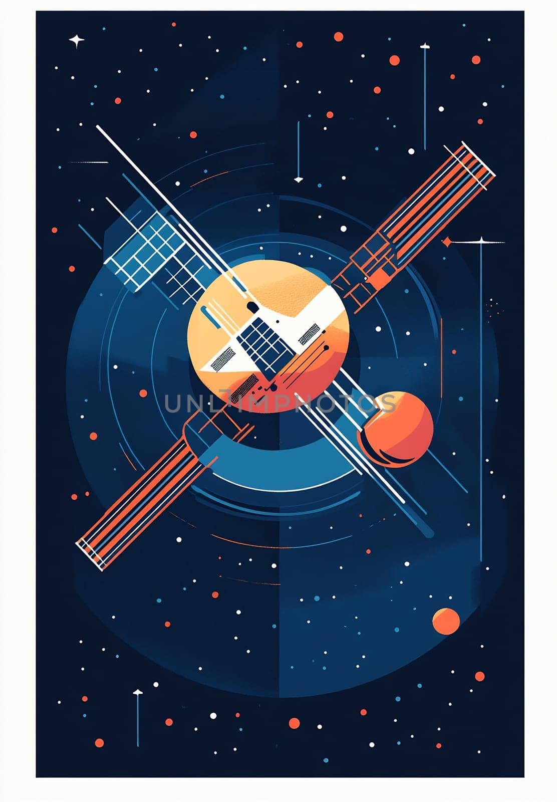 A vibrant depiction of a satellite navigating through space, surrounded by planets and stars against a dark backdrop.