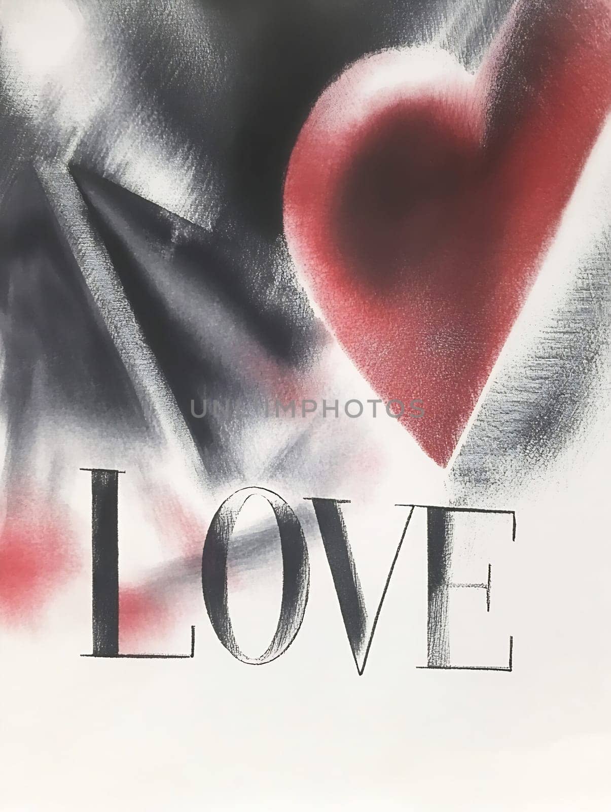 A creative artwork showcasing a large red heart alongside the word love, emphasizing passion and emotion in a dynamic design.