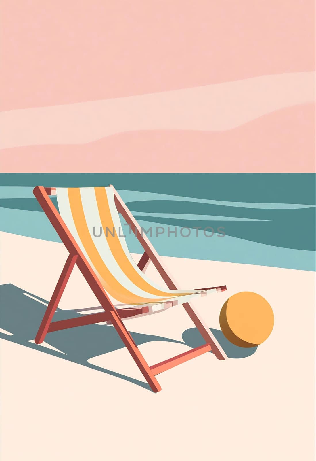 A striped beach chair sits on the sand next to a large yellow ball, with gentle waves lapping at the shore and pastel skies overhead.