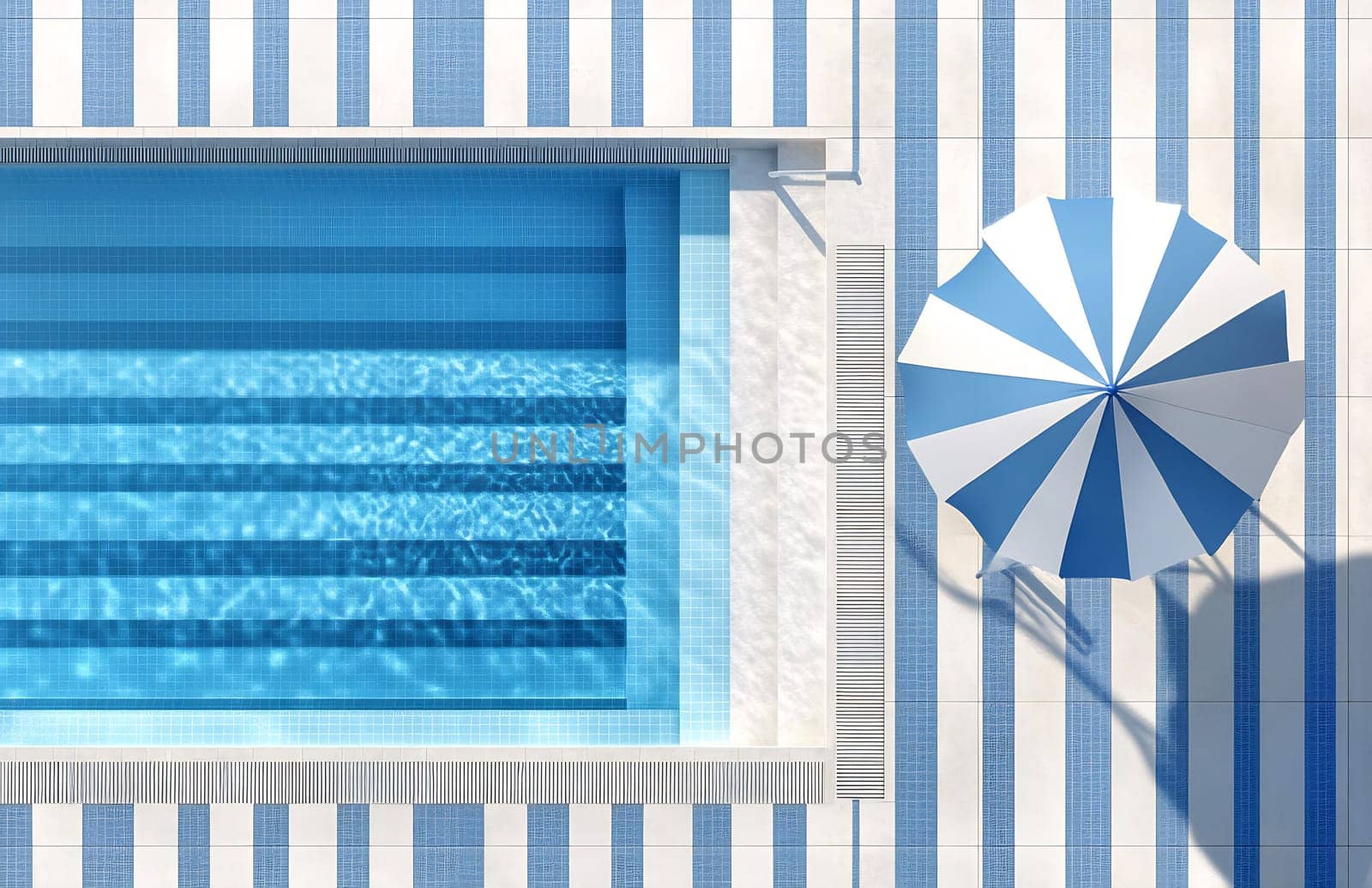 A serene swimming pool featuring blue water and striped white-blue tiles, accompanied by a stylish sun umbrella.