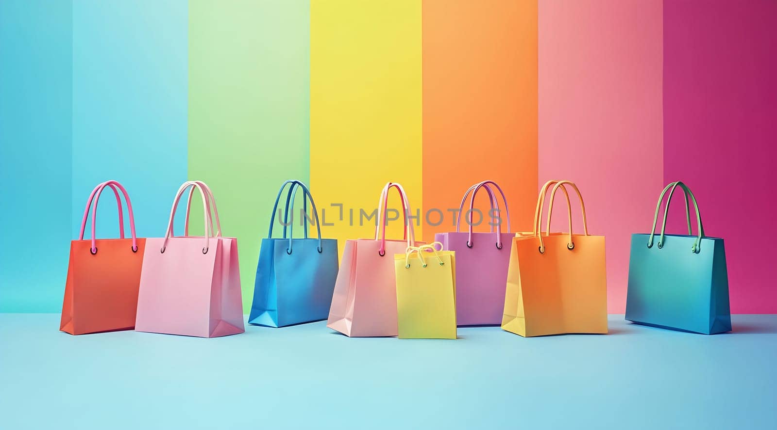 A collection of vibrant shopping bags arranged in a row against a multicolored backdrop, showcasing a cheerful atmosphere.